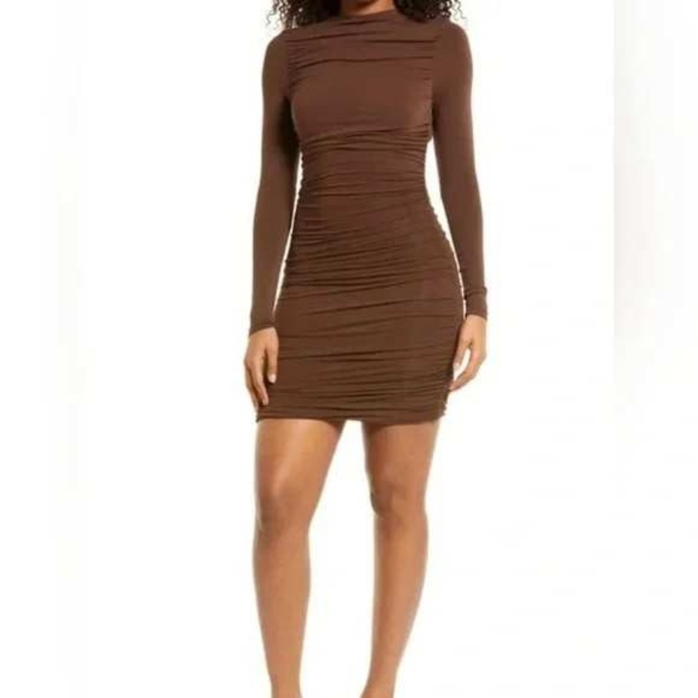 Naked Wardrobe Ruched Long Sleeve Cutout Mini Dress Size XS Chocolate Brown